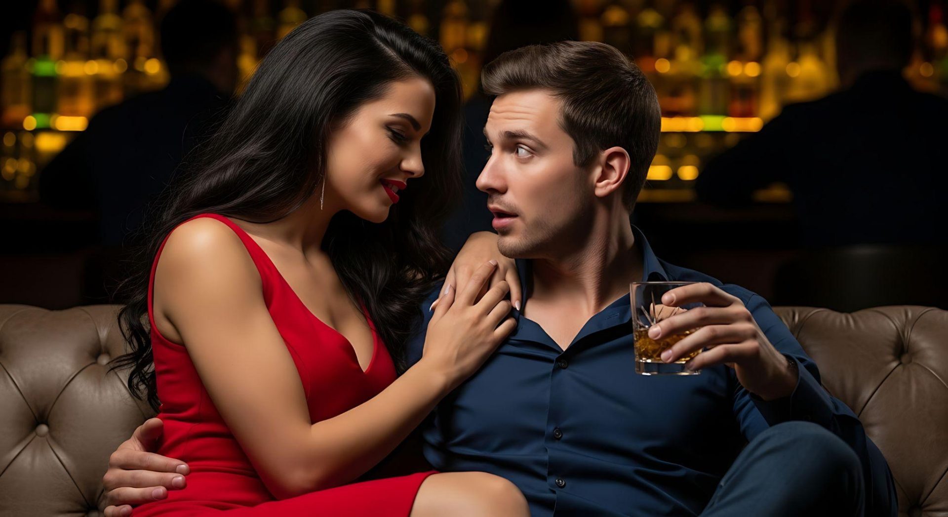 couple flirting in bar Woman in a red dress rests her hand on a man's shoulder as he holds a whiskey glass on a leather sofa in a dim bar