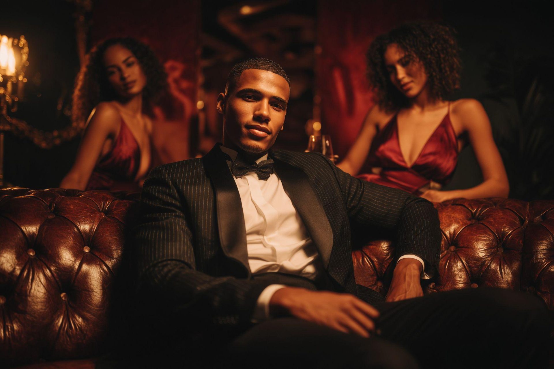 man in tuxedo on sofa Man in pinstripe tuxedo on tufted leather sofa, two women in red satin dresses seated behind him in a dim, lamp-lit lounge