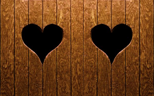 two heart shaped holes cut out of a wooden fence two heart shaped holes cut out of a wooden fence