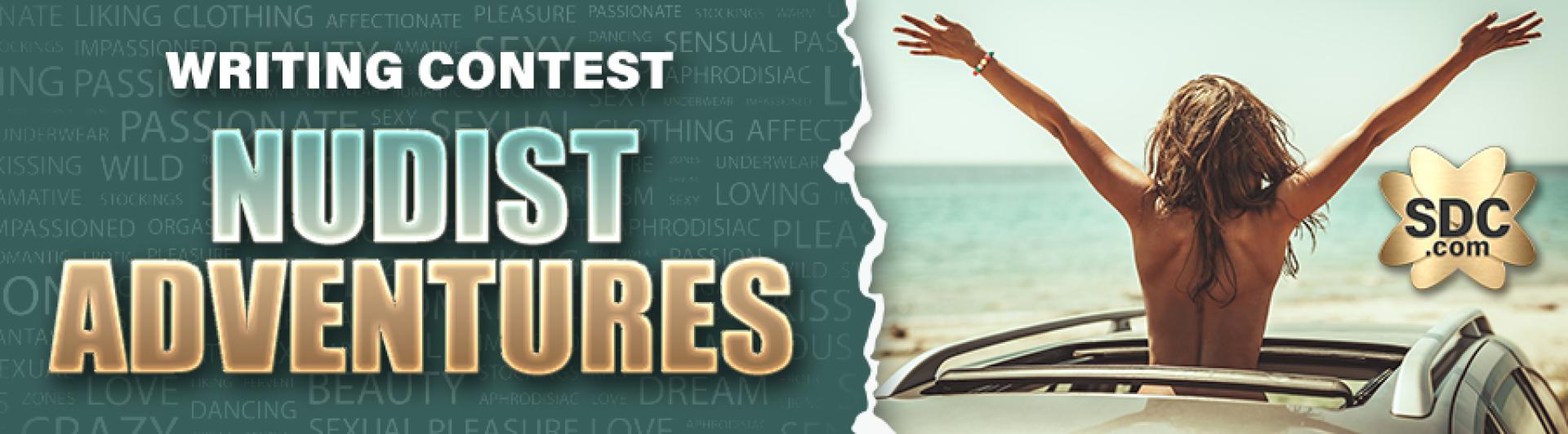 Banner voor Nudist Adventures SDC-wedstrijd voor het schrijven van verhalen voor leden