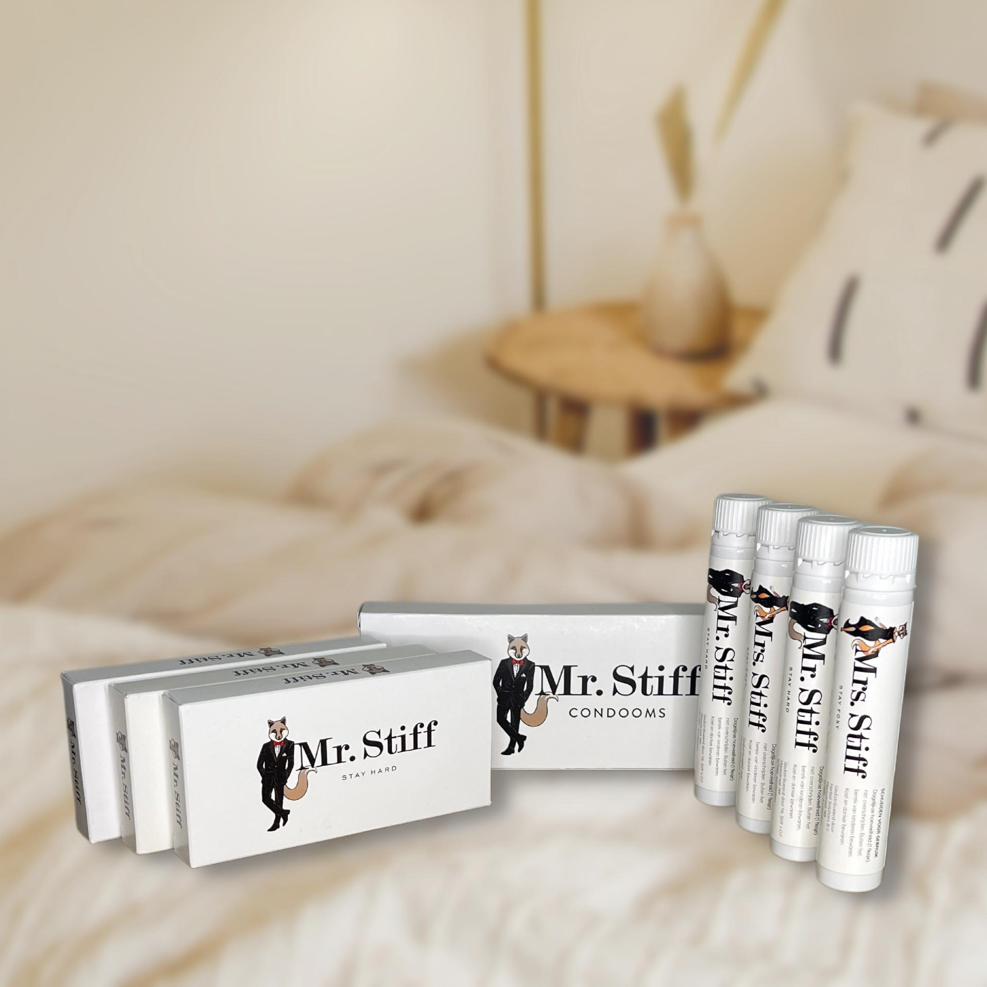 a composite image of Mr Stiff product collection over a blurred bed background
