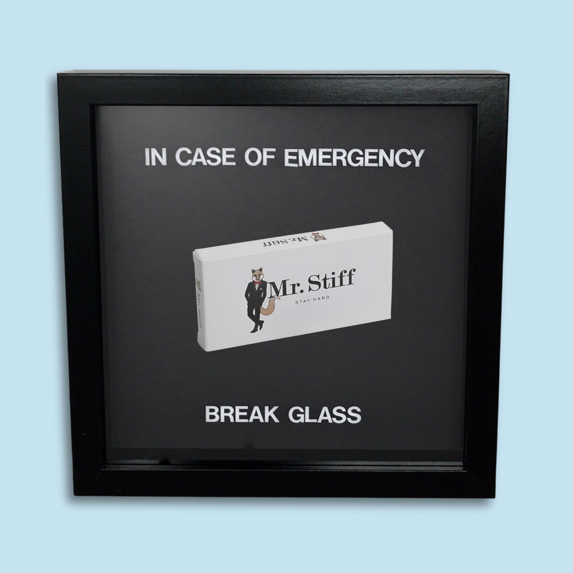 a composite image of a Mr Stiff package in an emergency break glass box