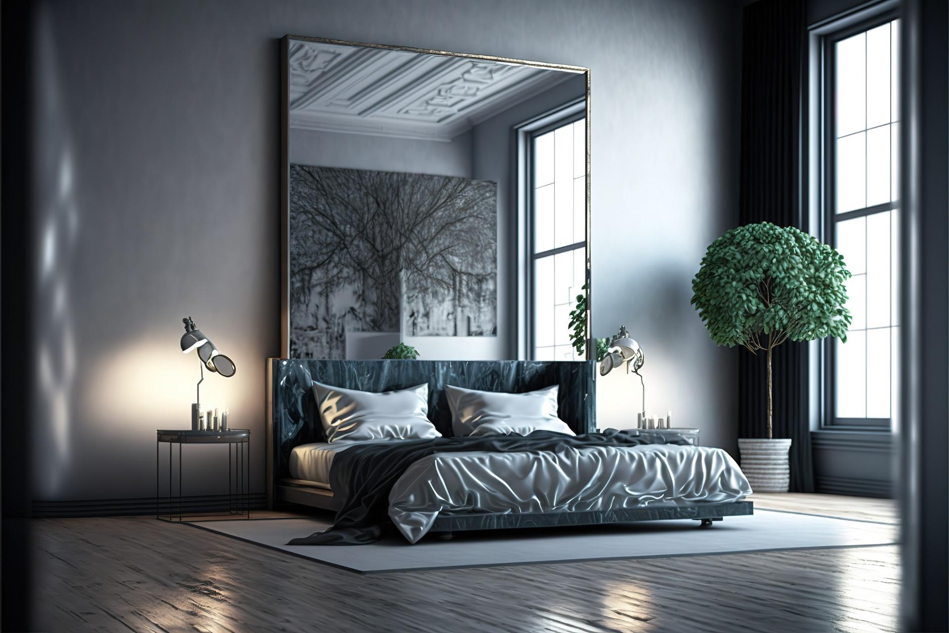 a photo of a luxury bedroom with a large mirror headboard