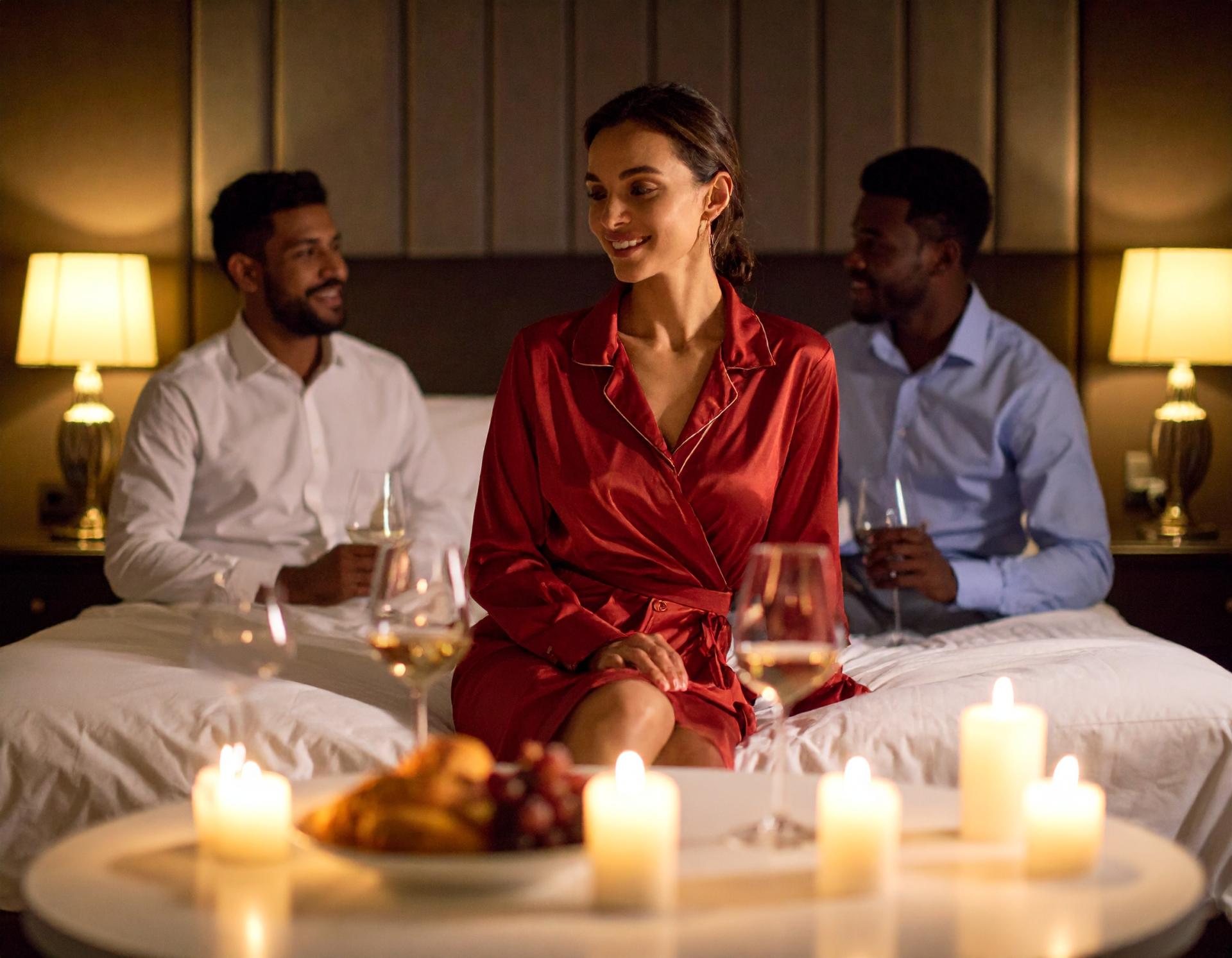 a woman in a red satin dress sitting on a bed with two men in a dimly lit room a woman in a red satin dress sitting on a bed with two men in a dimly lit room