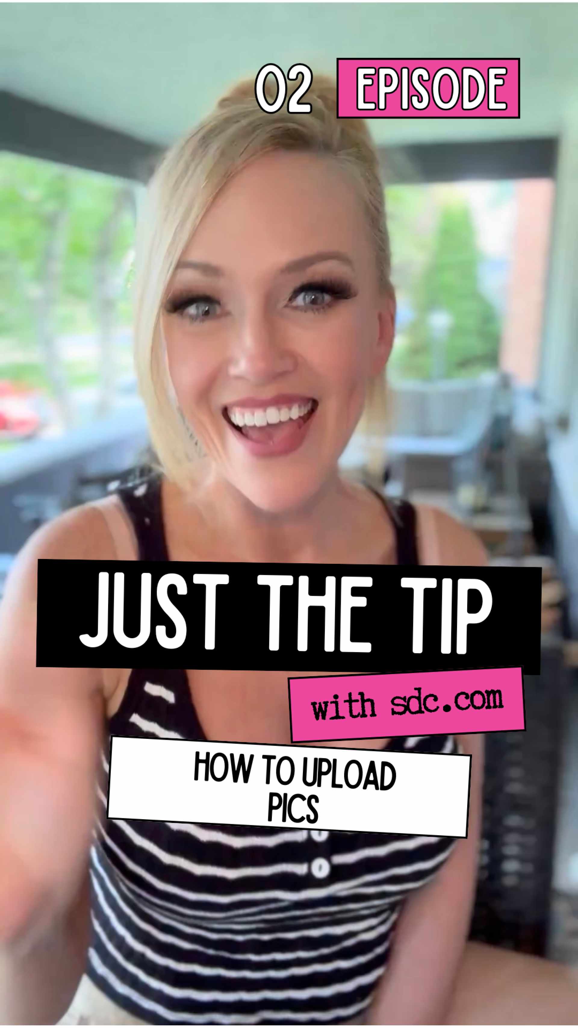 smiling blonde woman in a striped top with words over her that explain the video contents
