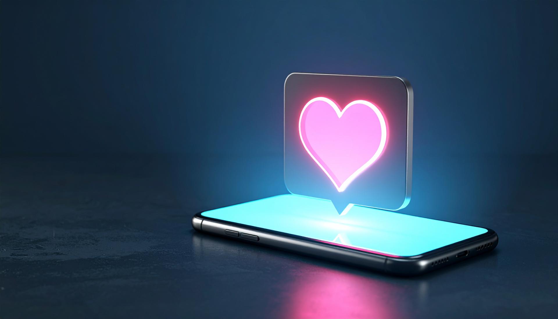 a glowing heart reaction notification hovering over a smartphone a glowing heart reaction notification hovering over a smartphone