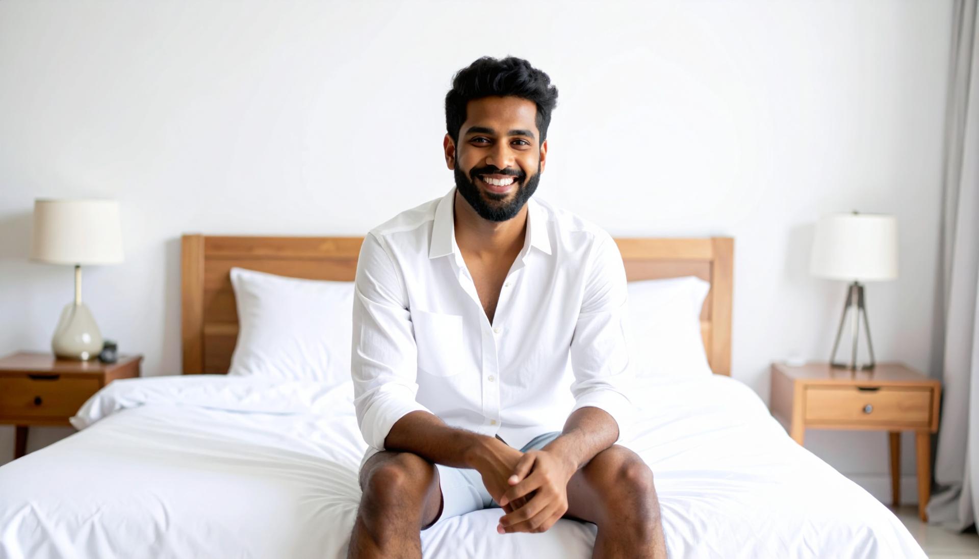 smiling man in a white shirt and boxers sitting on a bed