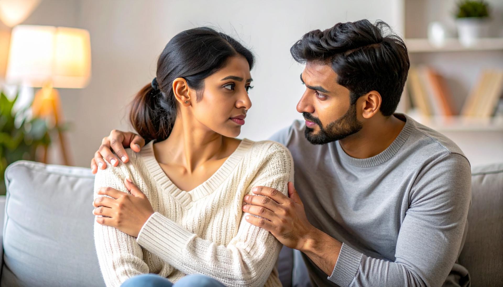 couple having a supportive conversation on a couch