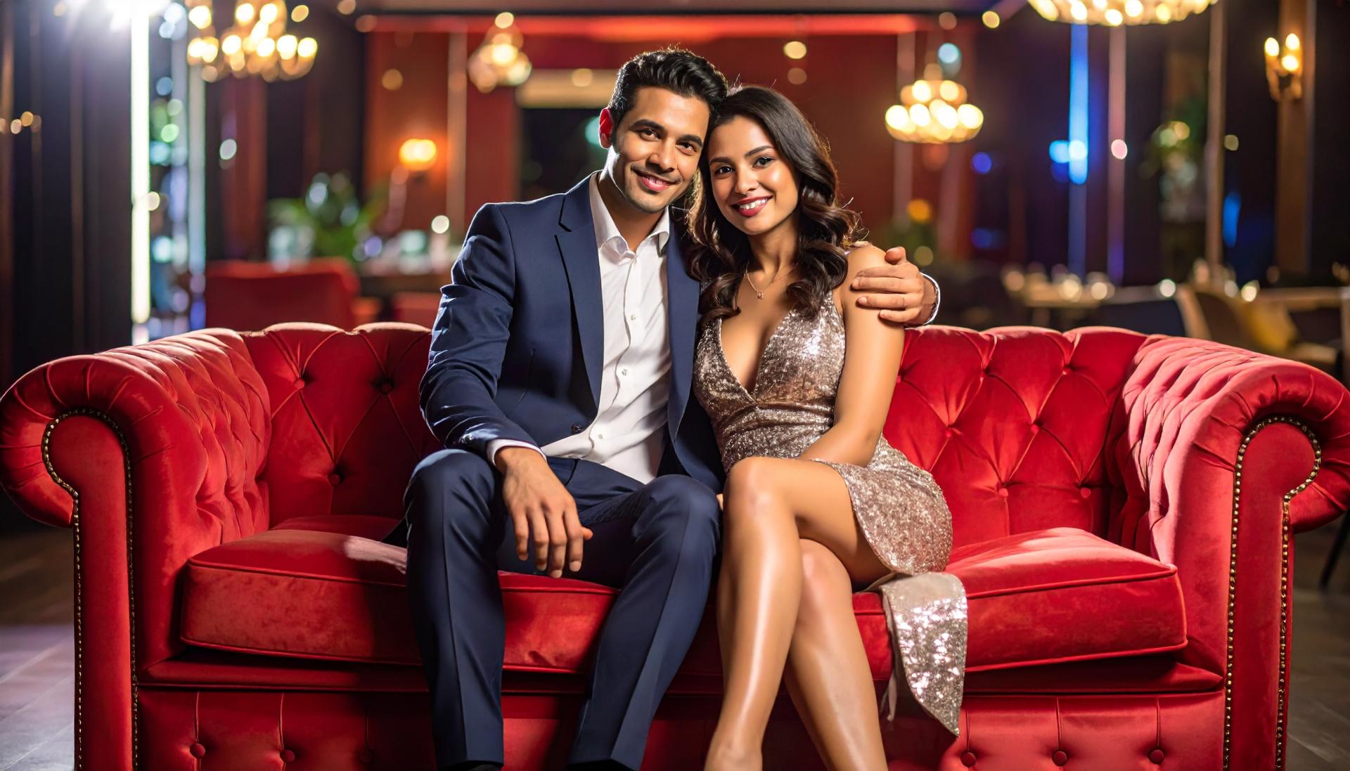 Couple on a red sofa at a night club