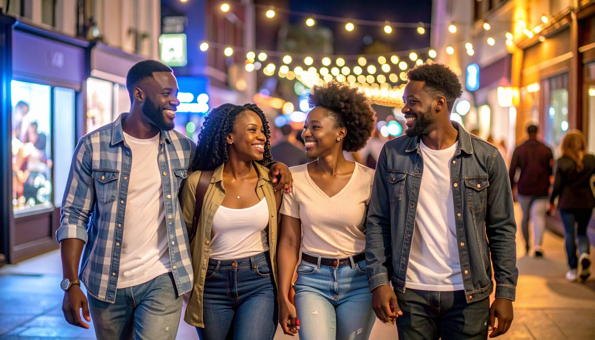 two couples on a date walking around an entertainment district at night