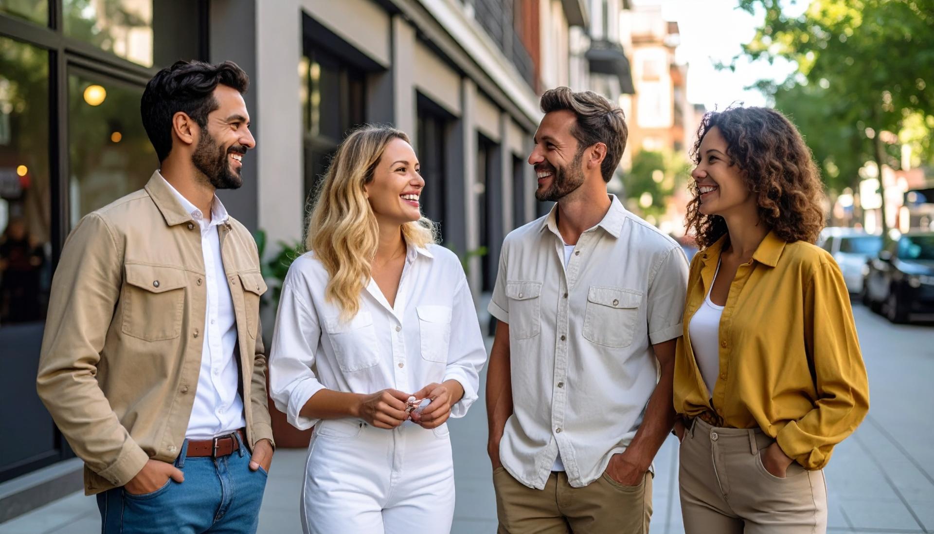 two couples standing and chatting outside two couples standing and chatting outside