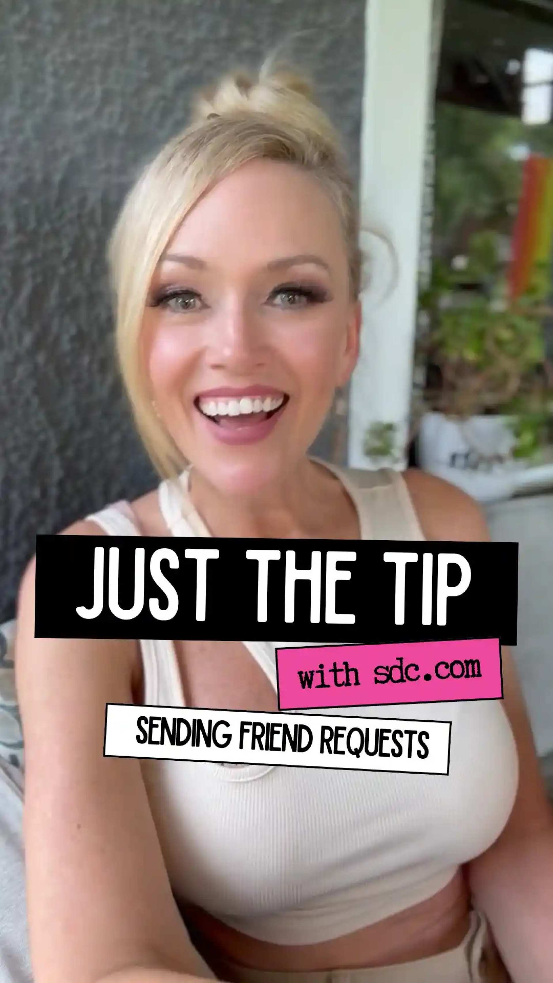 smiling blonde woman in a white top with words over her that explain the video contents