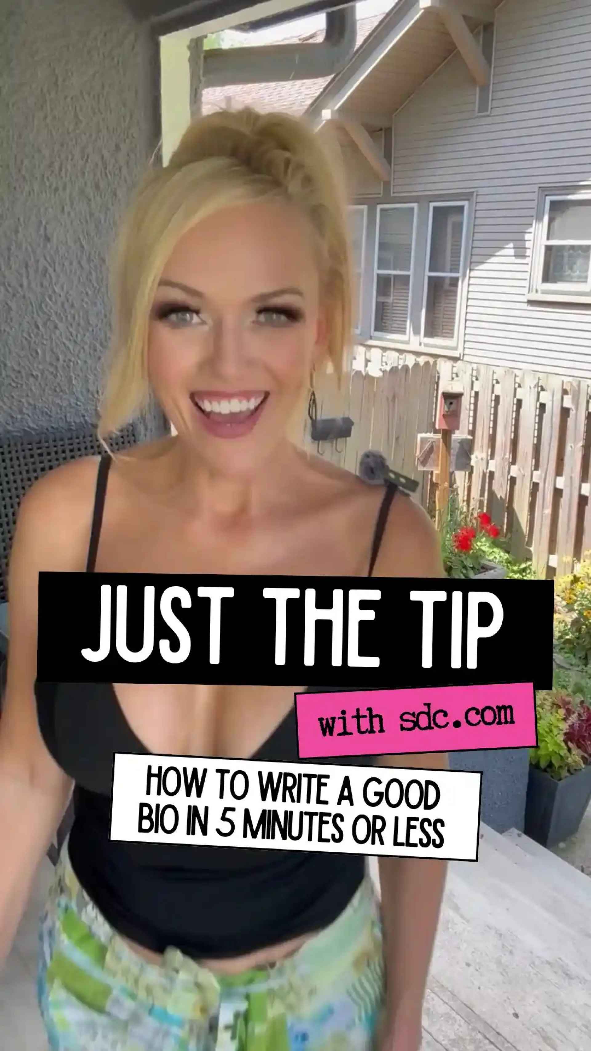 smiling blonde woman in a black top with words over her that explain the video contents