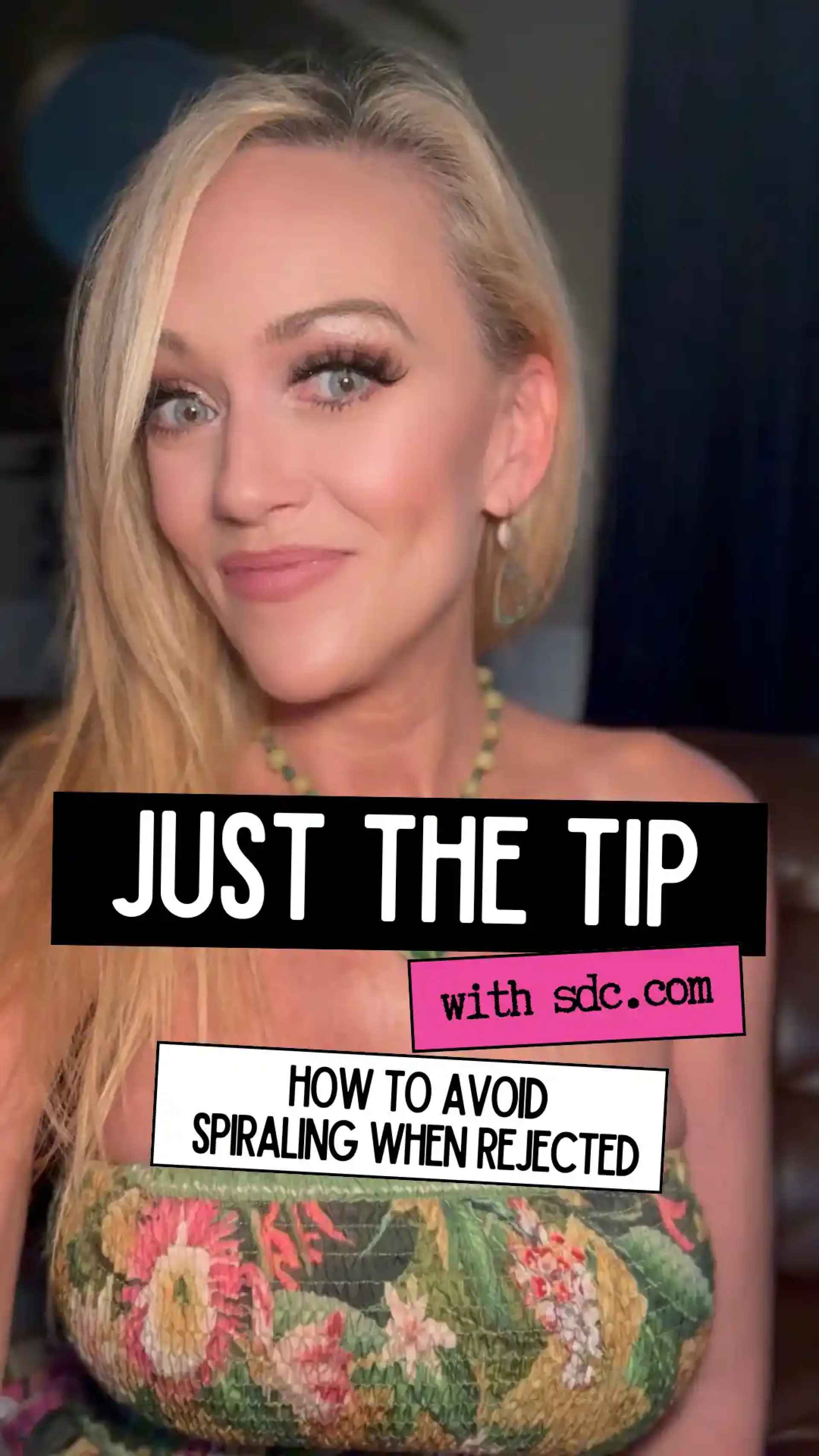 Blonde woman in a floral dress with text overlaid describing the contents of a video