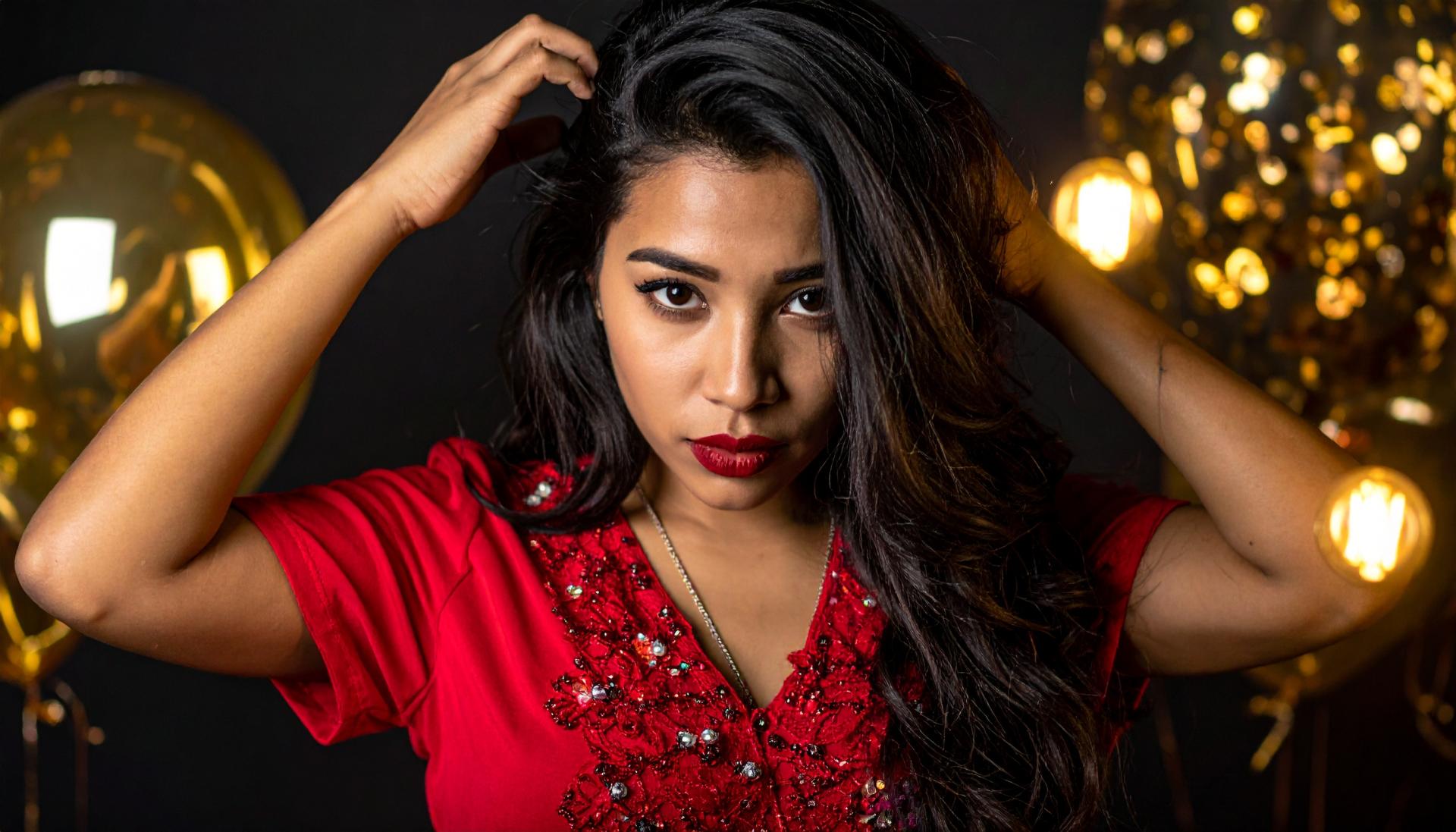 shy woman at a party wearing red over a black background shy woman at a party wearing red over a black background