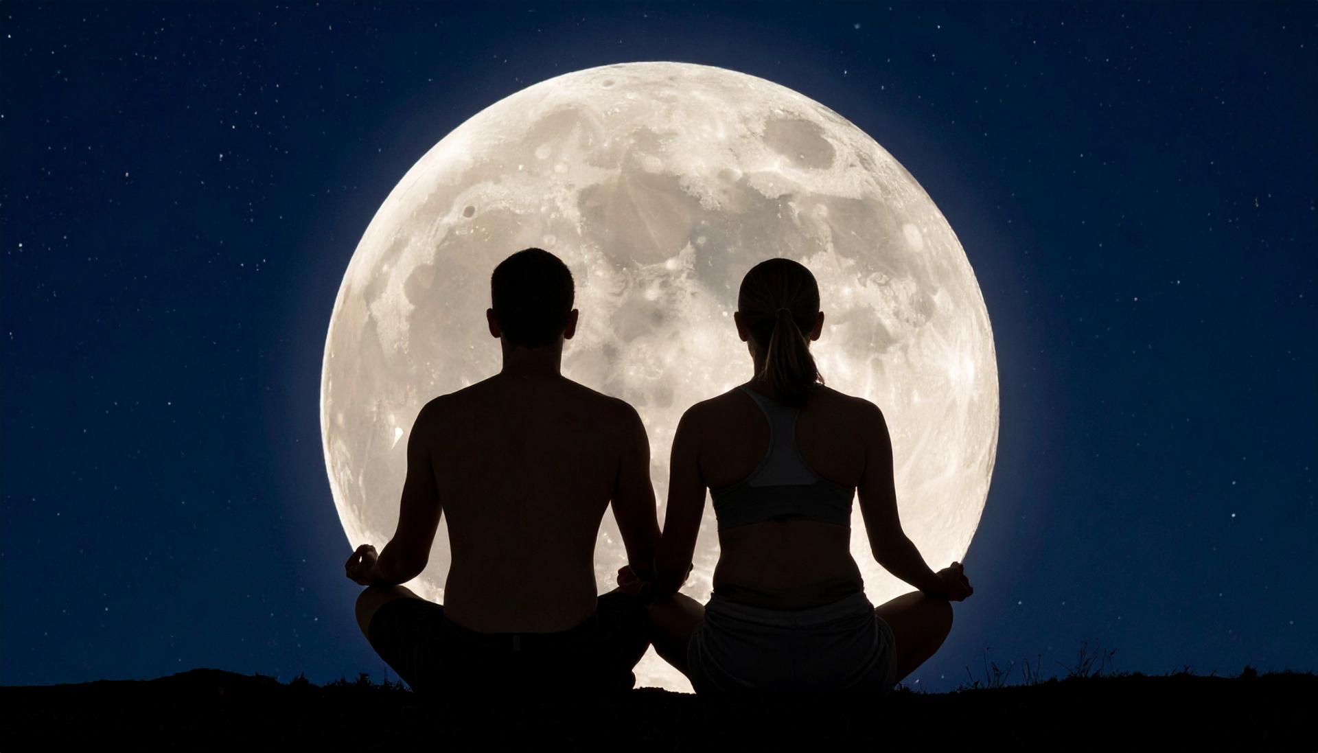 couple sitting with their legs crossed in meditation in front of the full moon couple sitting with their legs crossed in meditation in front of the full moon