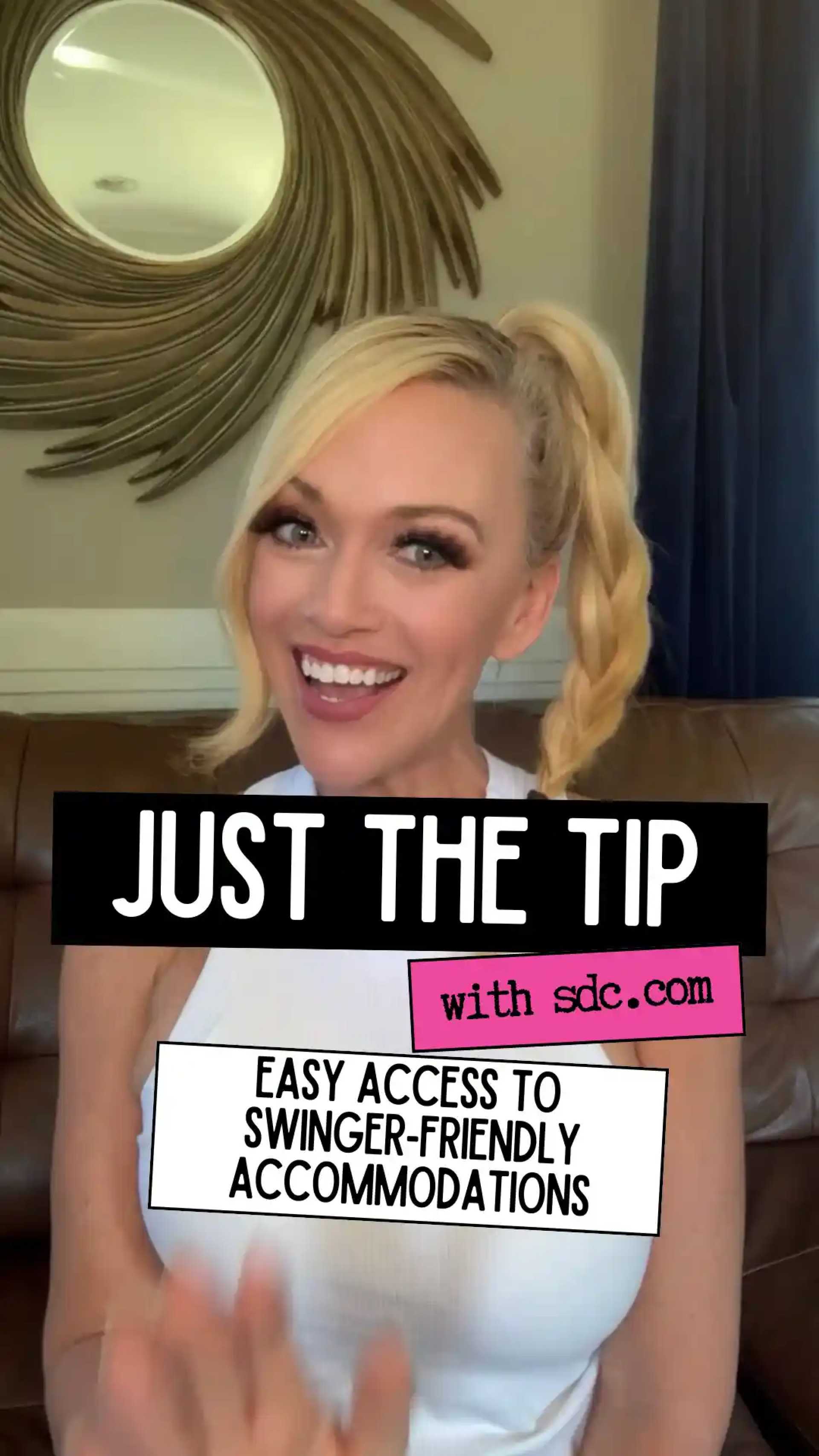smiling blonde woman in a white top with text describing the video contents