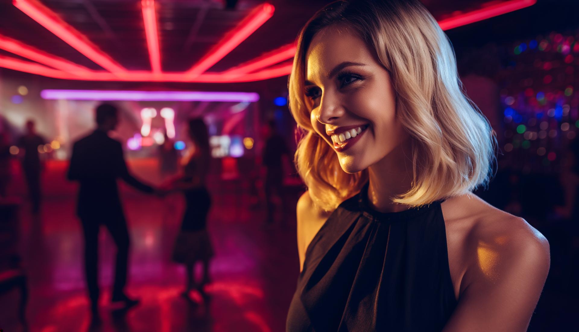 smiling blonde woman in front of a couple dancing in the background