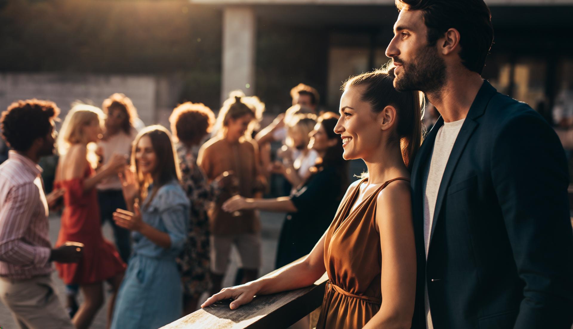 couple overlooking a crowd of people at a party