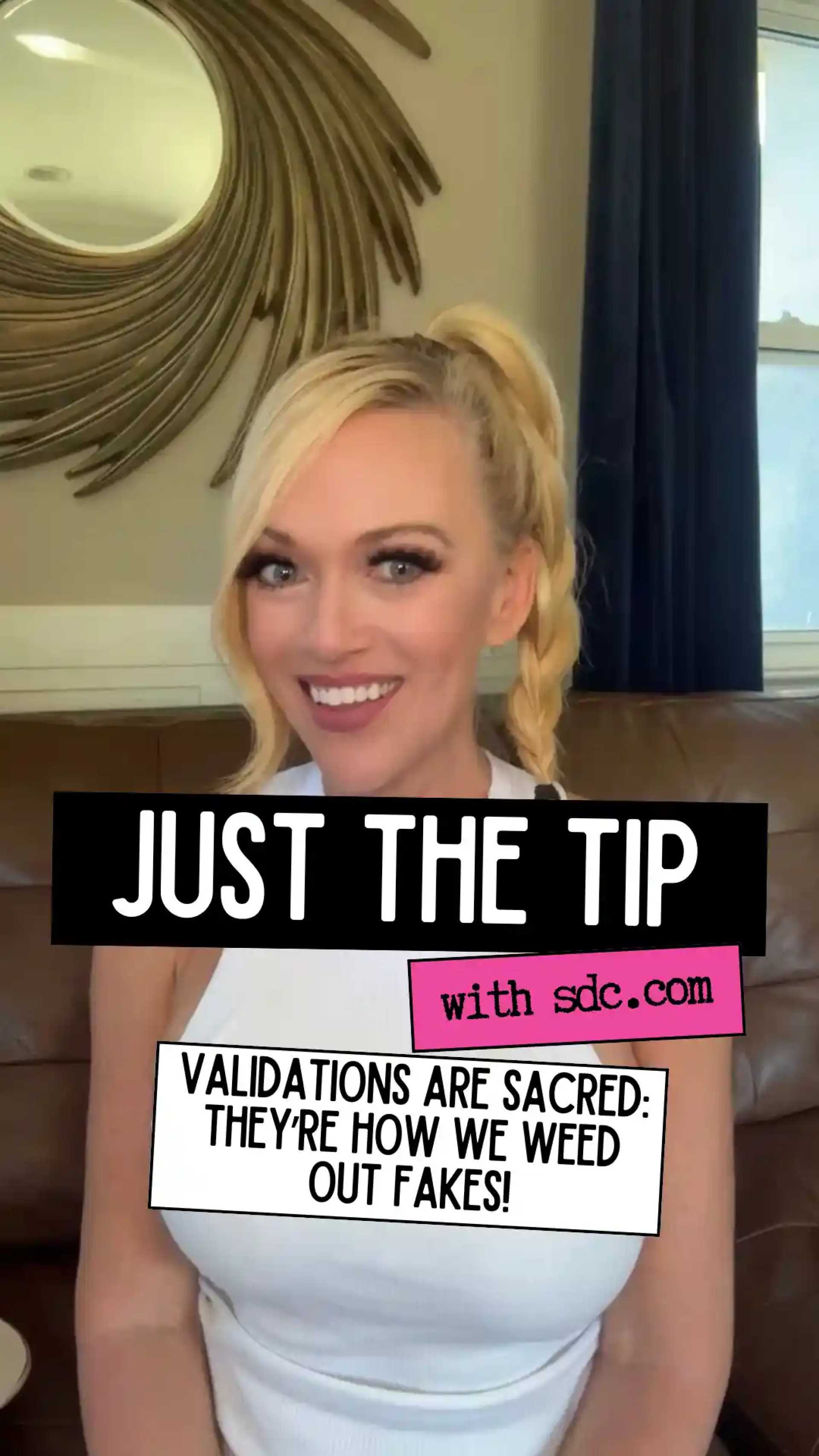 Smiling blonde woman in a white sleeveless top behind text describing the video contents