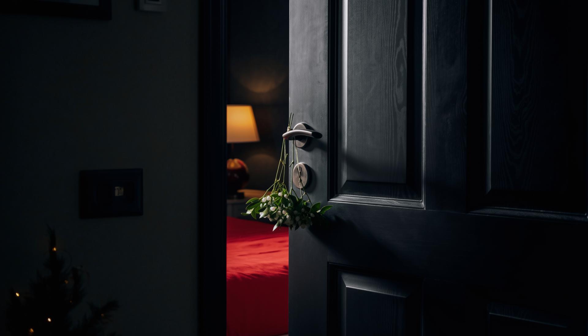 black door with mistletoe hanging from the knob and a red bed inside the room