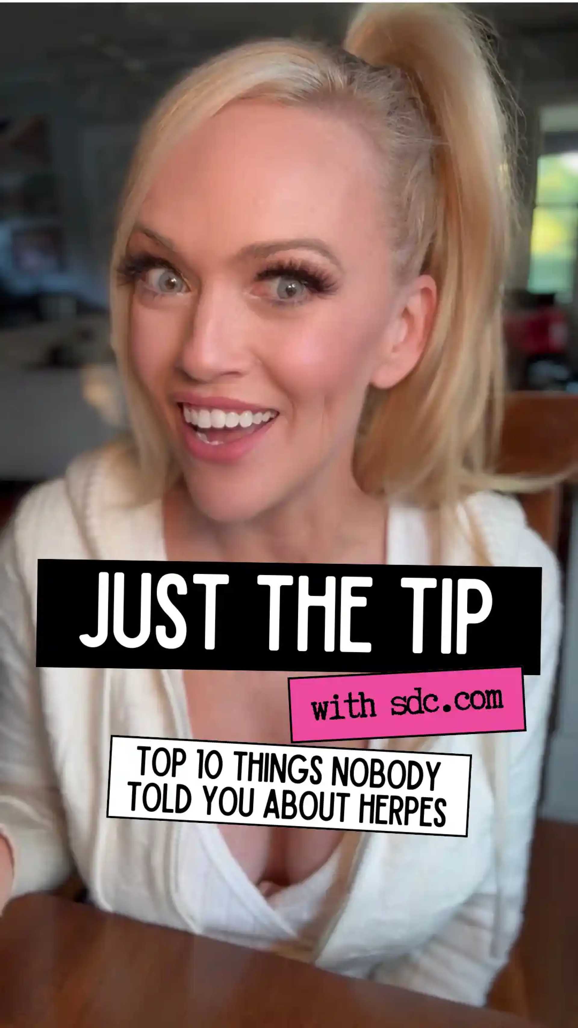 smiling blonde woman in a white top behind text describing the video contents