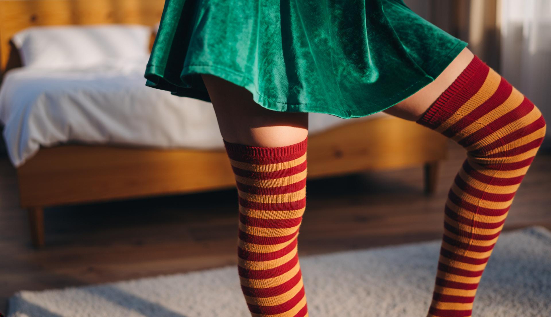 woman in a green velvet skirt and striped thigh high socks in a bedroom