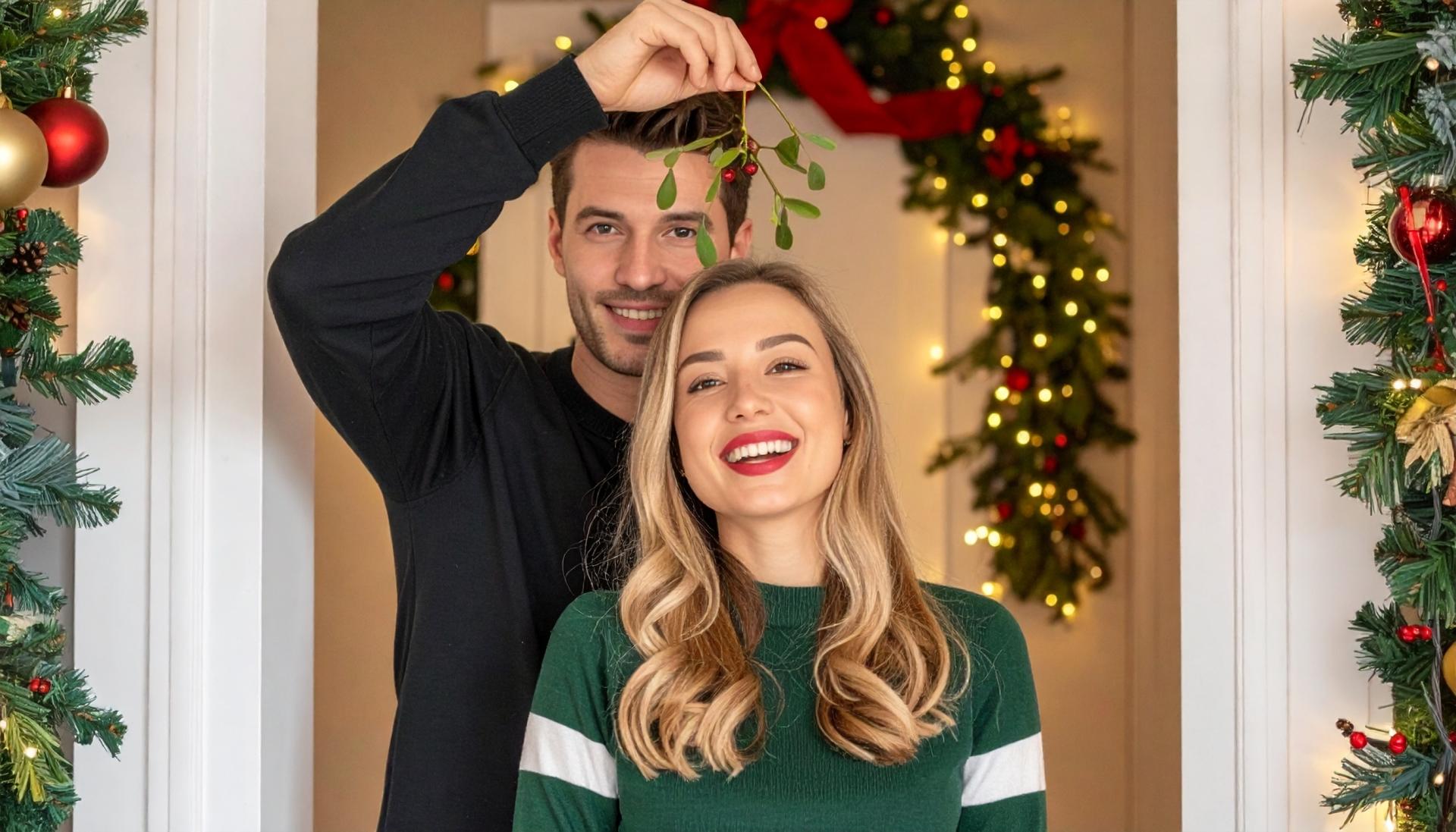 man holding mistletoe above his smiling blonde wife in their decorated doorway