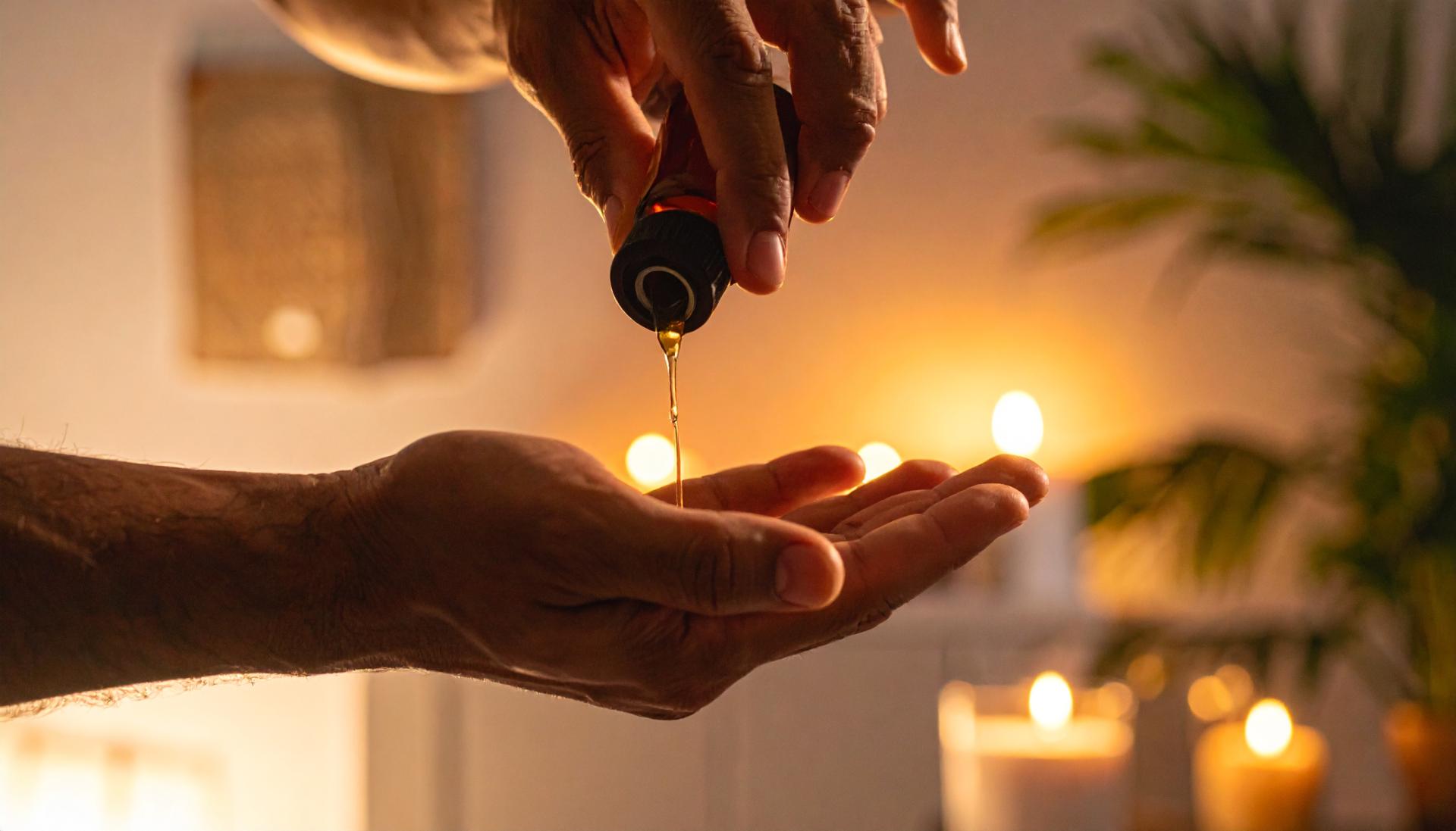 masculine hands squeezing massage oil into his palm in a dimly lit room