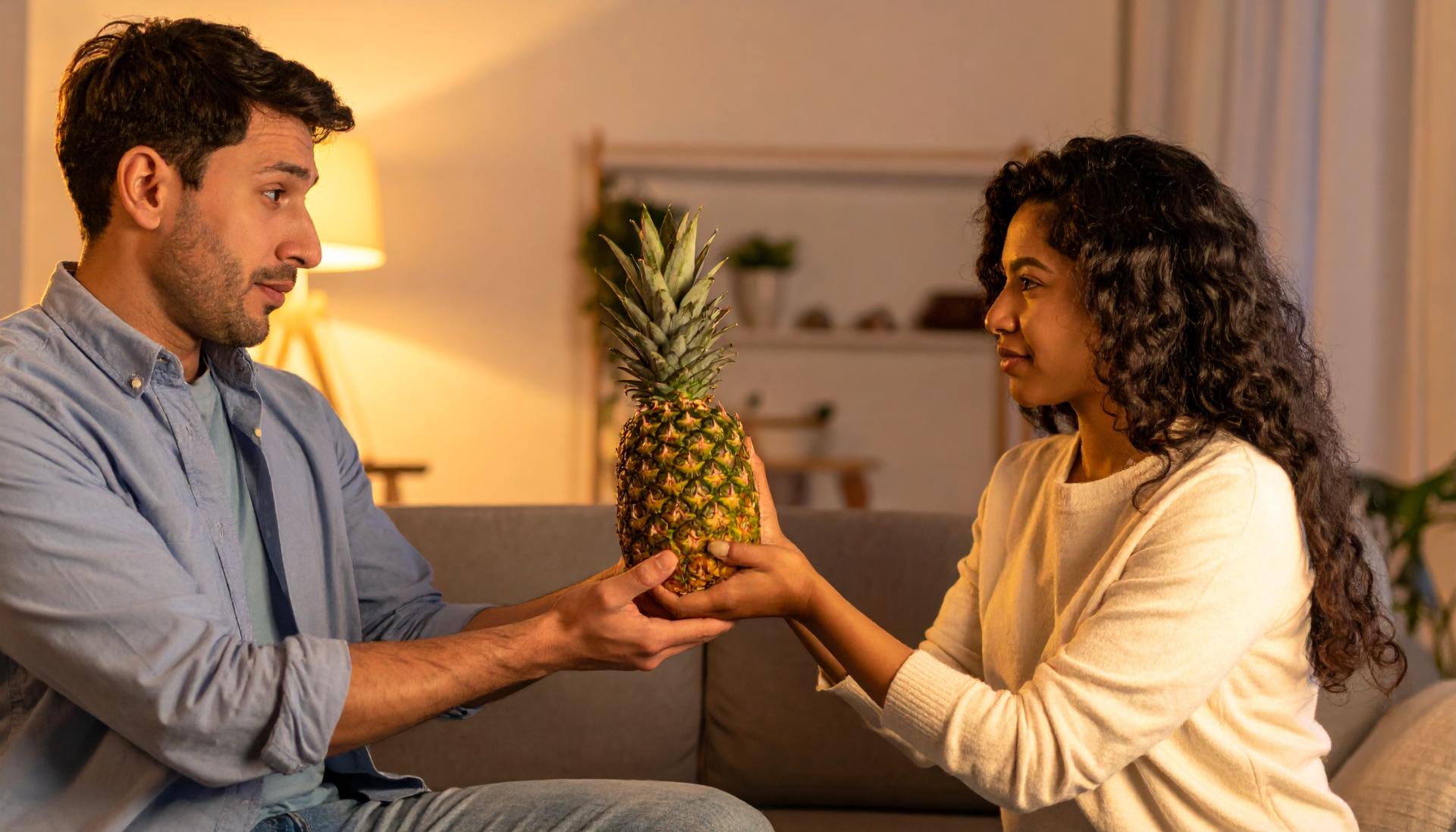 couple tentatively holding a pineapple while sitting on the couch