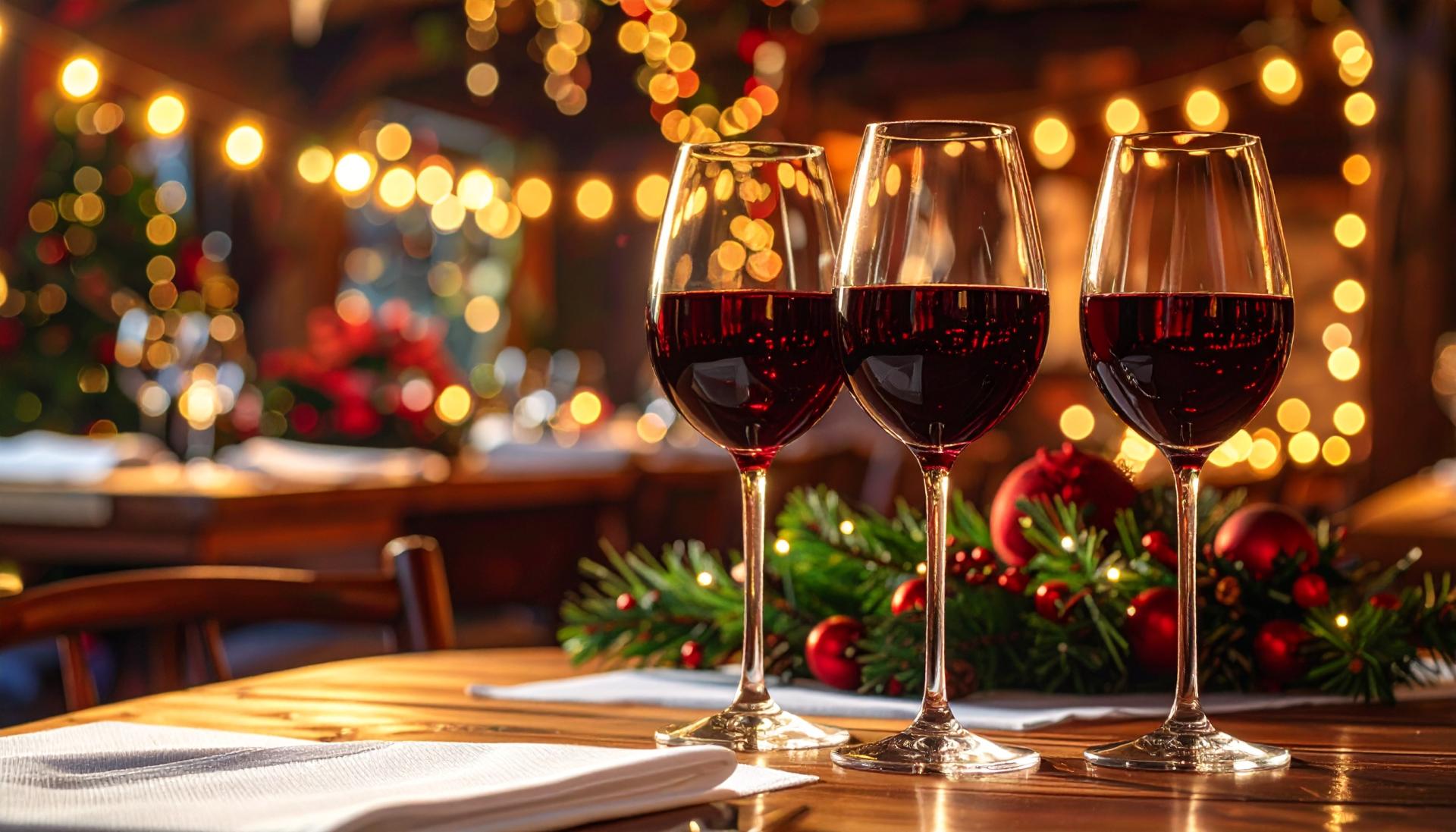 three glasses of red wine on a holiday themed restaurant dinner table