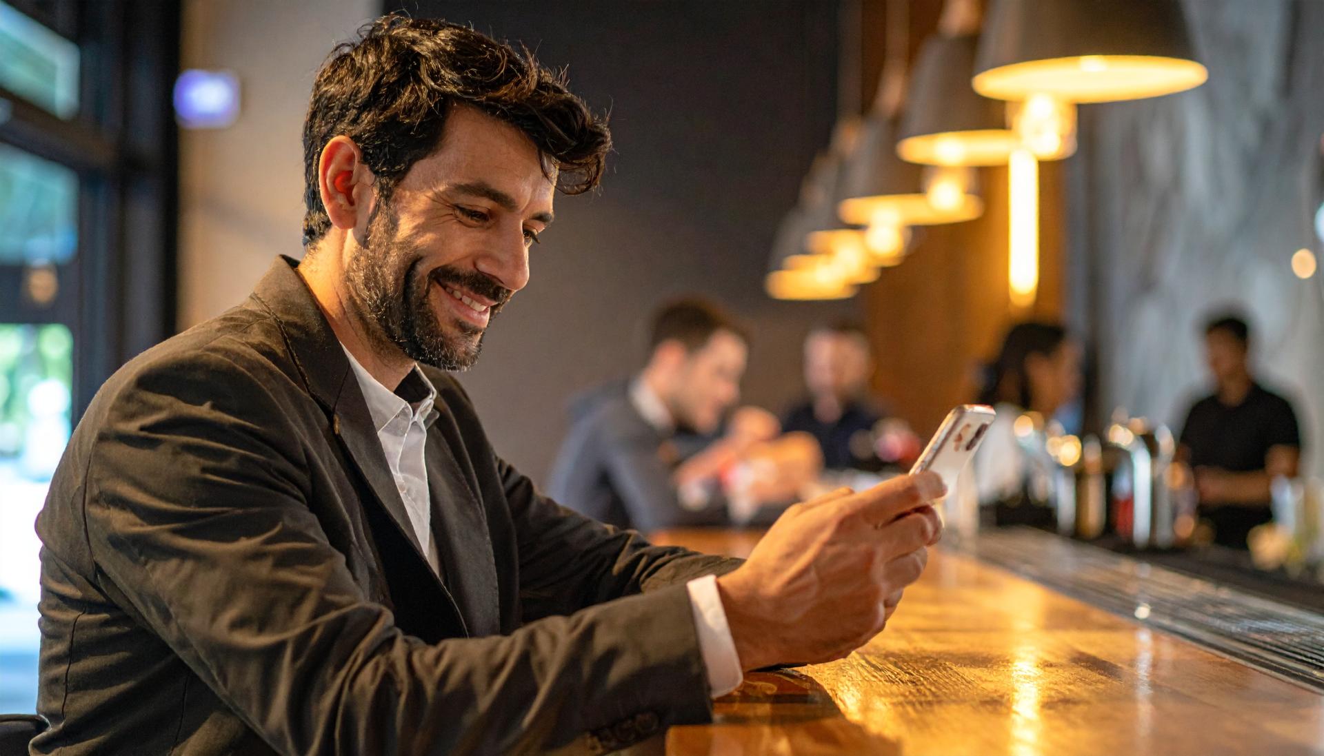 man at a hotel bar smiling and looking down at his smartphone