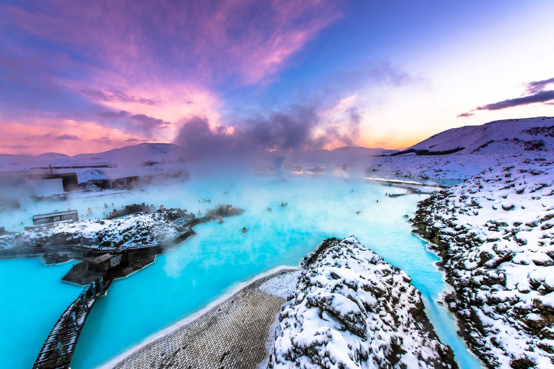 Colorful landscape and sunset near Blue lagoon hot spring spa in Iceland