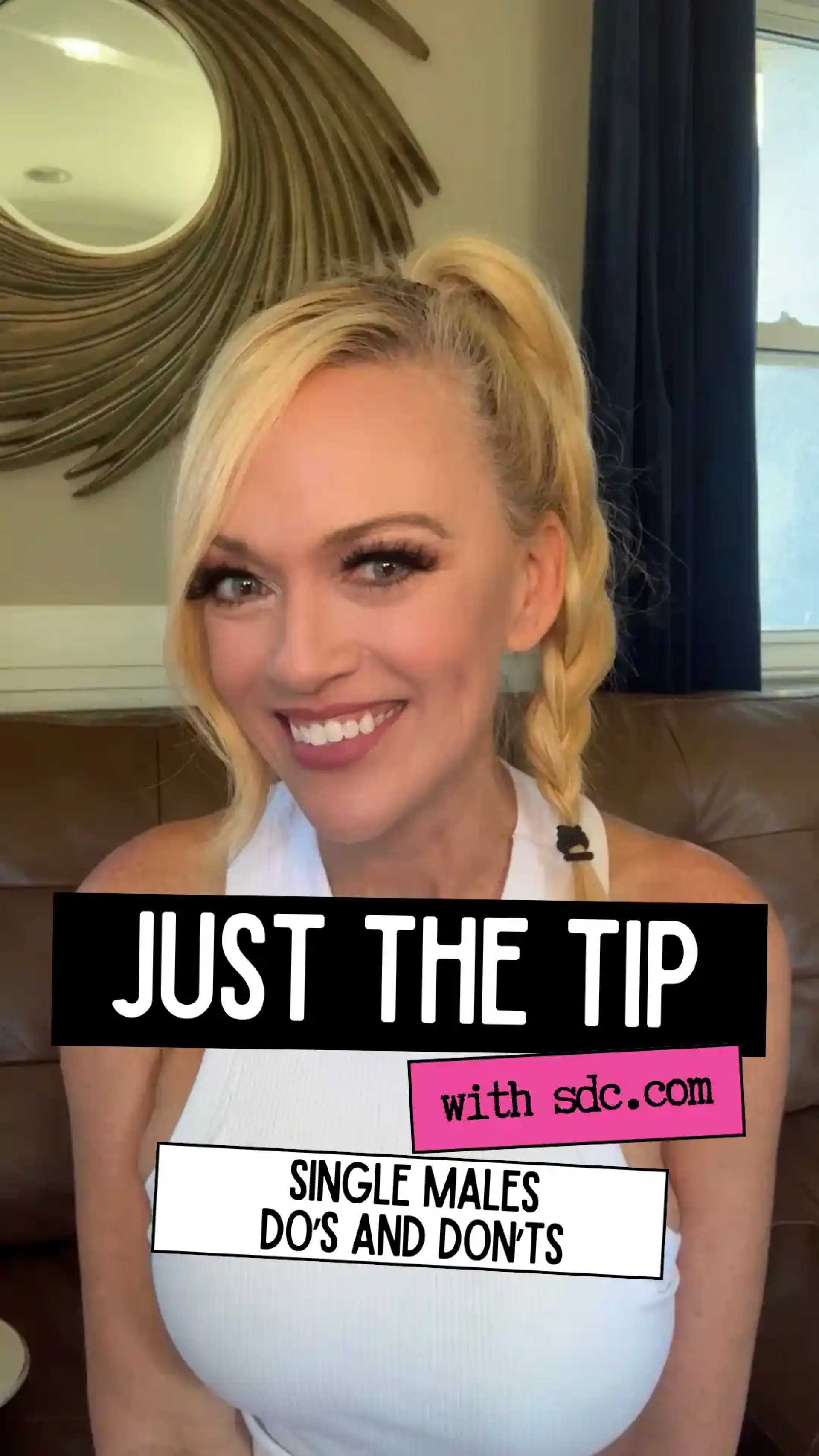 smiling blonde woman with a braid and a white tank top overlaid with words