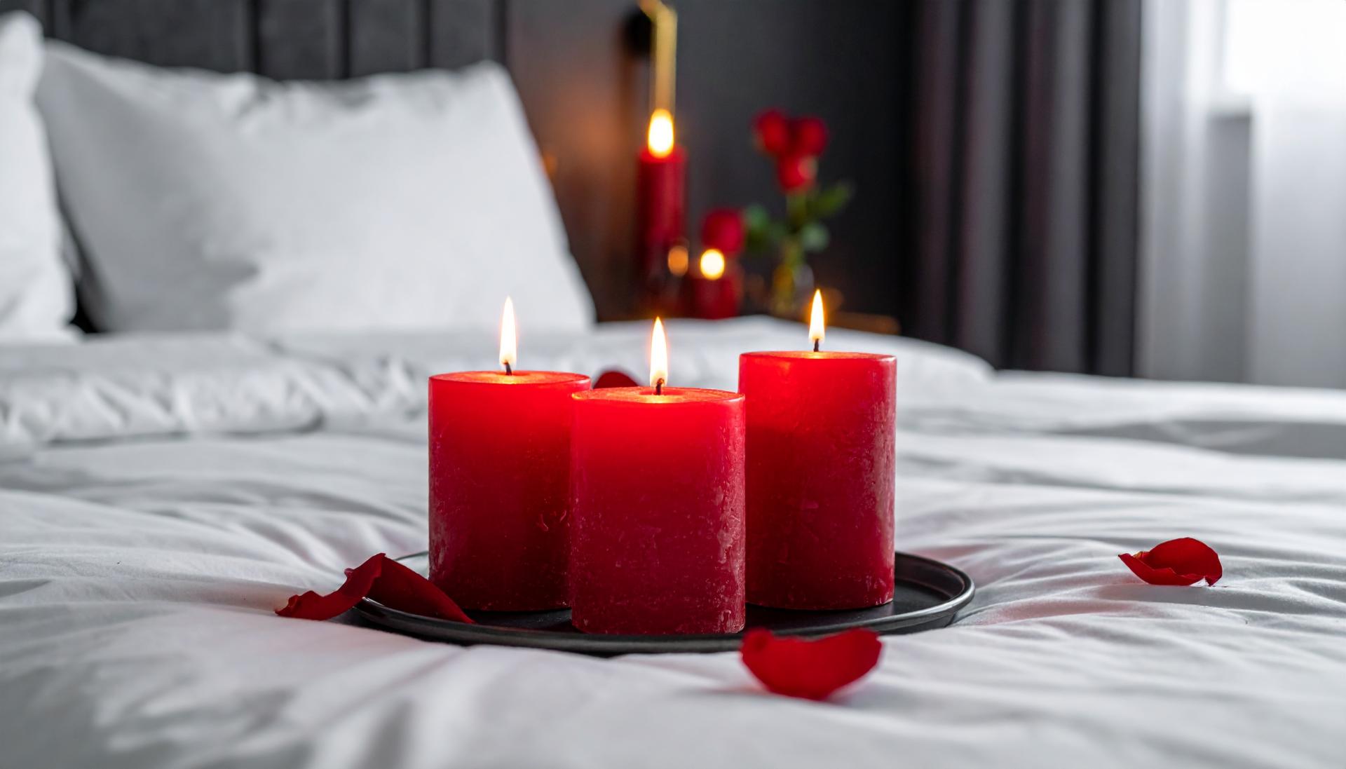 three red candles in a sensual dark bedroom