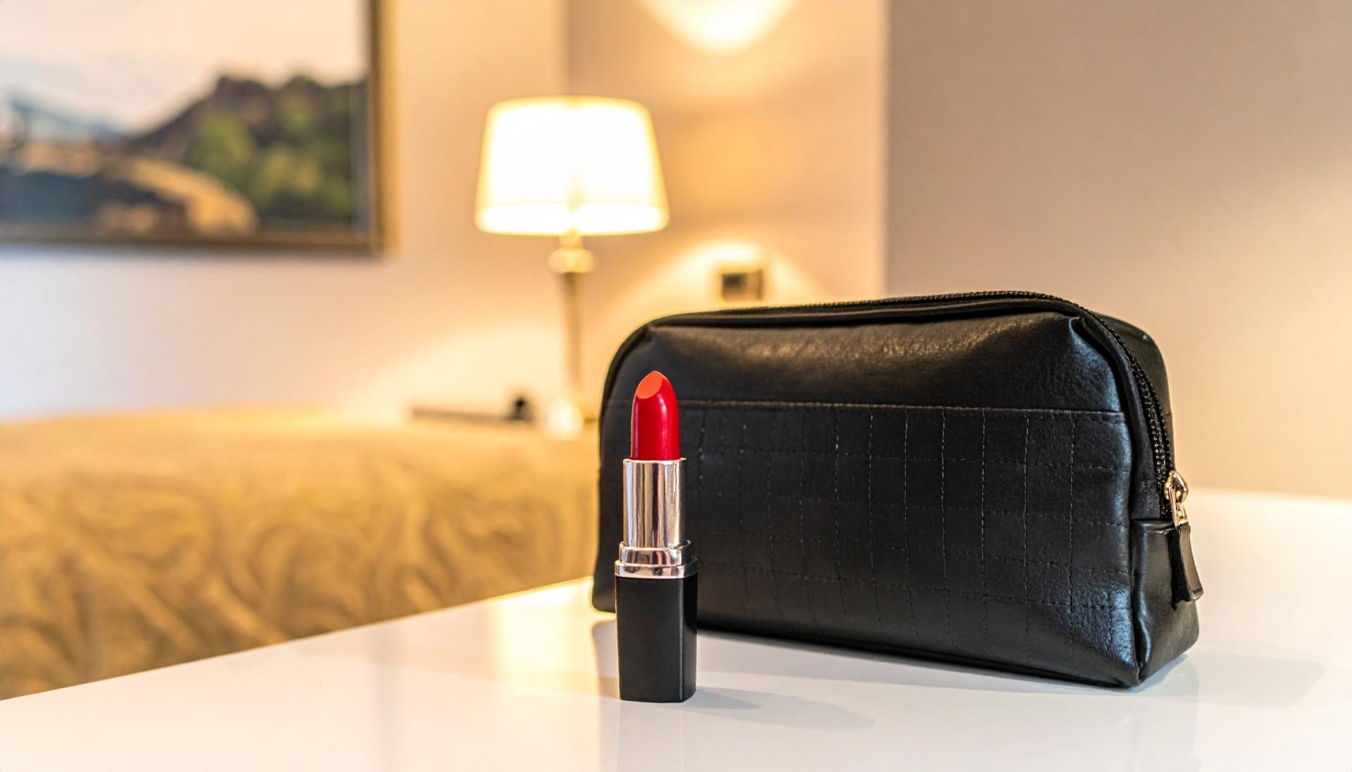 red lipstick and a cosmetics bag on a hotel room countertop