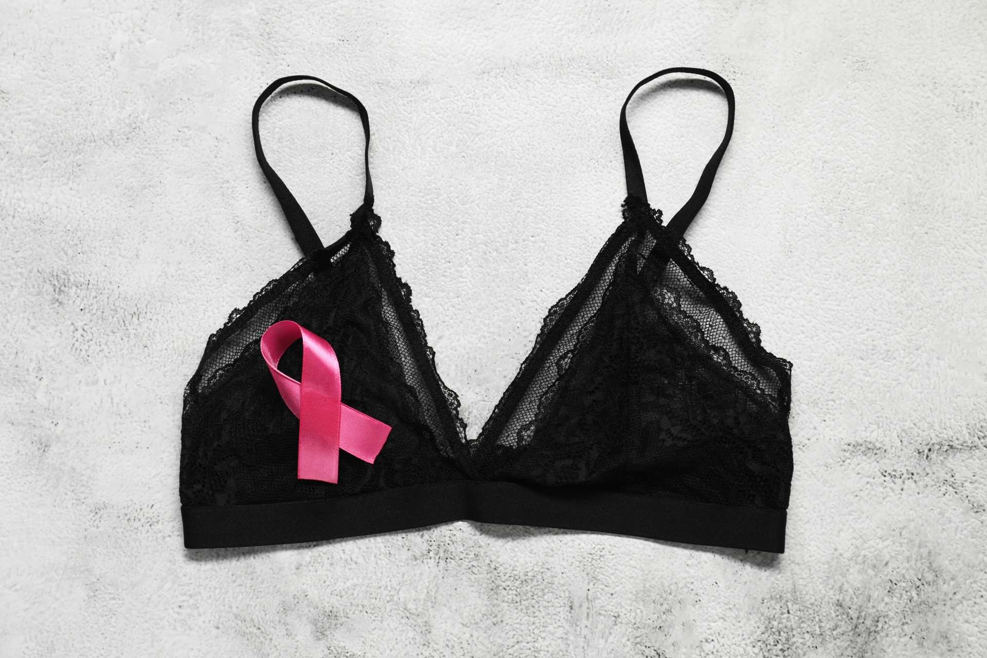 black bra with a pink breast cancer awareness ribbon