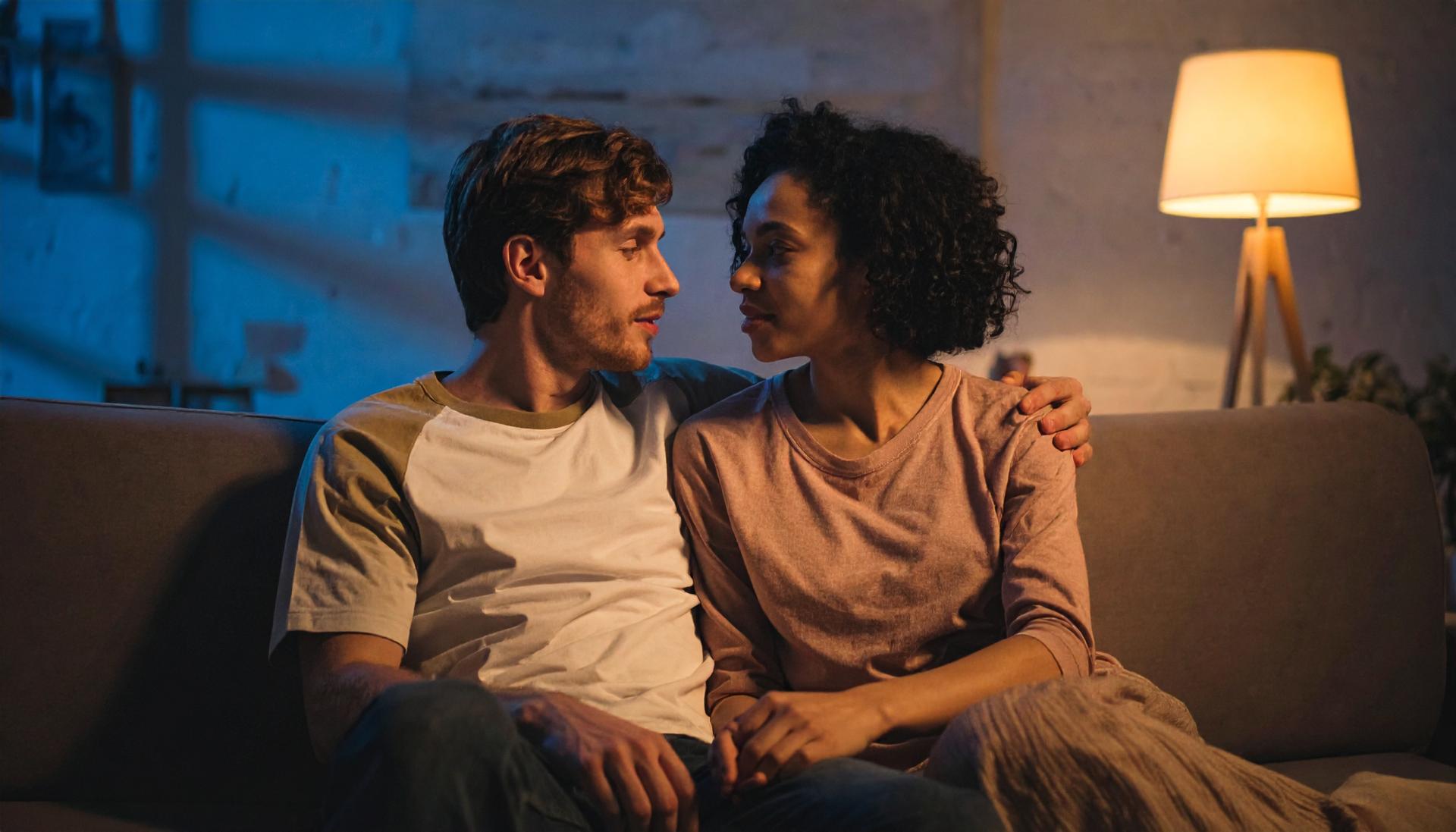 couple on the couch in a dimly lit room at night