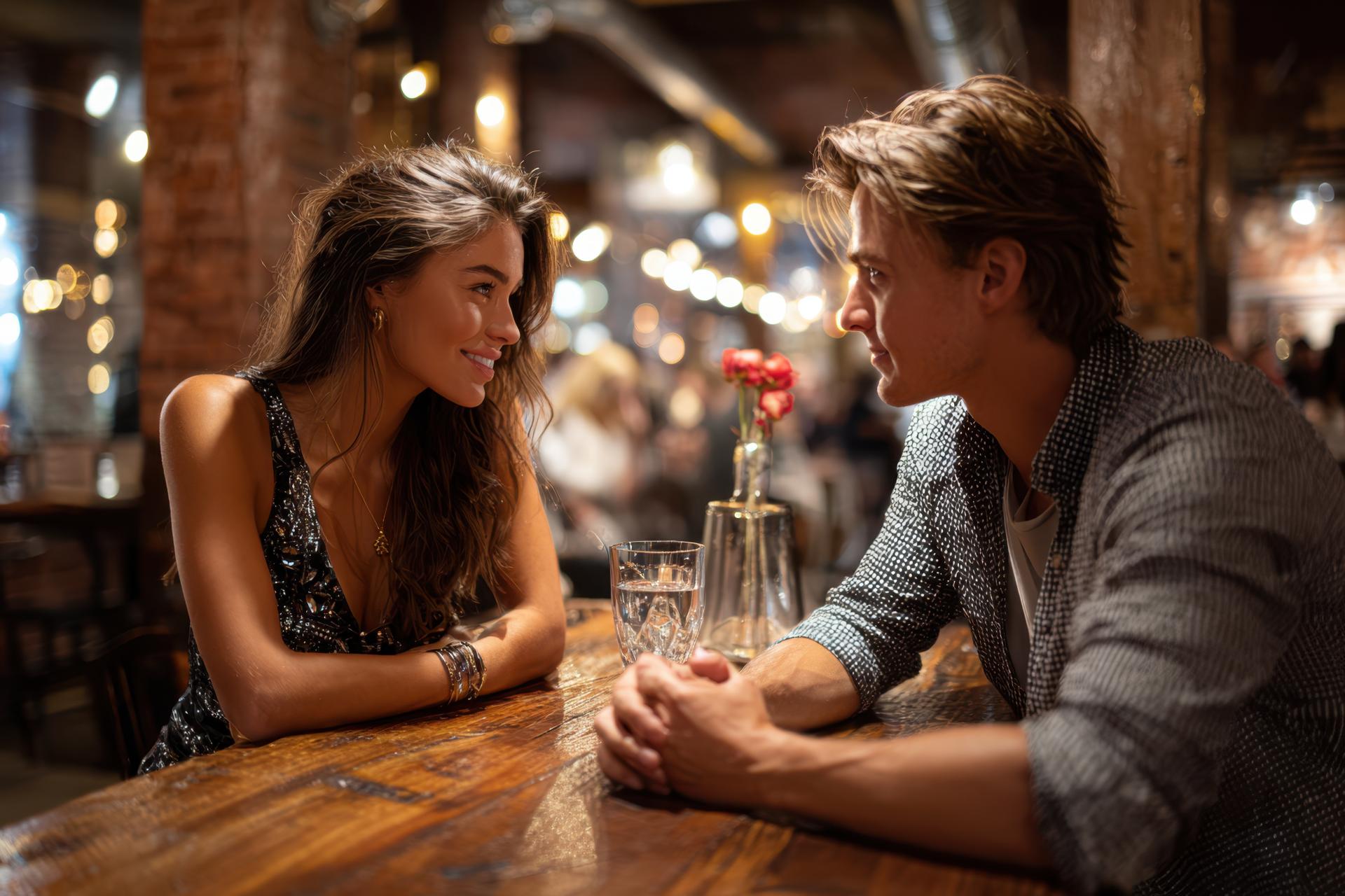 A man and woman sitting across from each other at a table talking and flirting