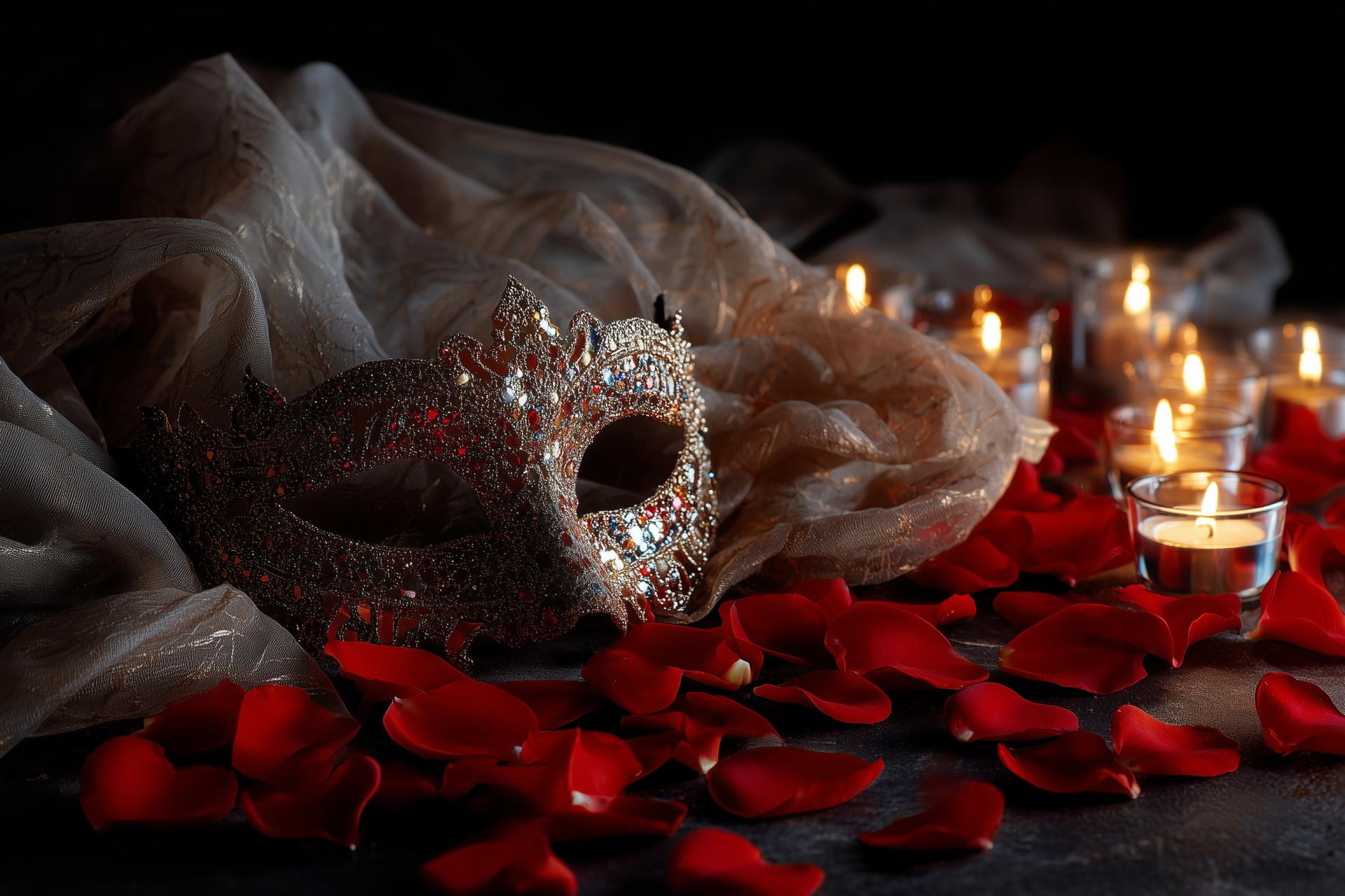 elegant jeweled mask resting on a bed of red rose petals with candles in the background