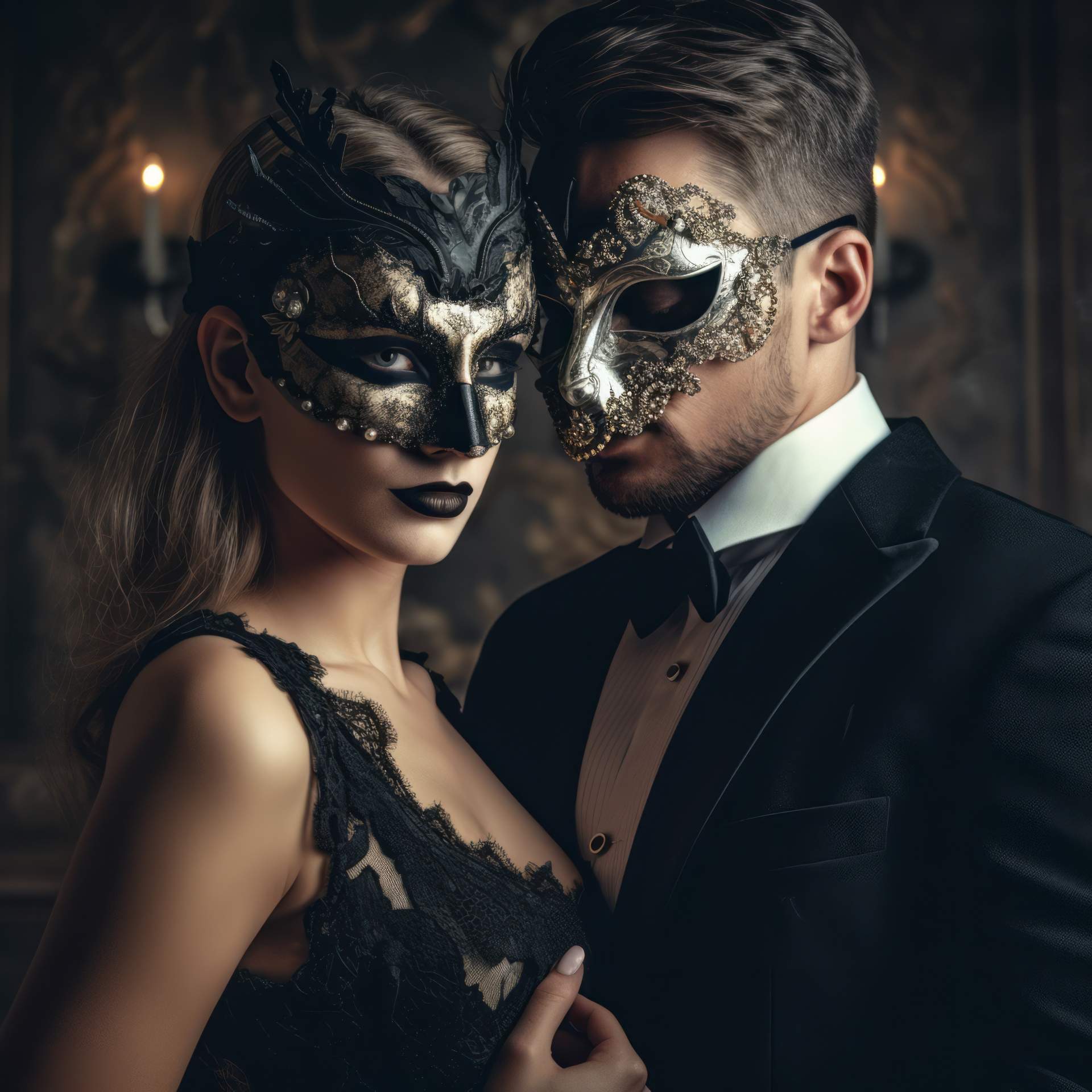 a man and woman dressed in black wearing elegant masks