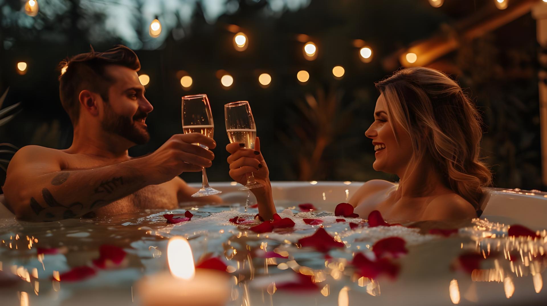 a couple in a jacuzzi drinking champagne with rose pedals and candles all around