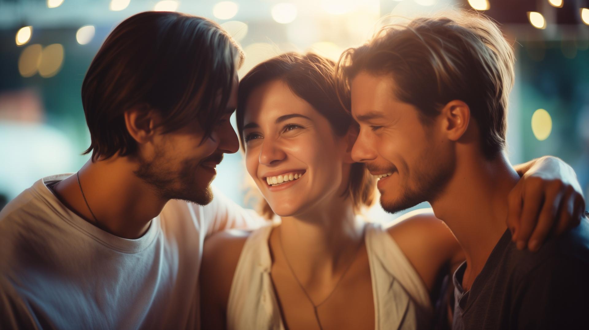 two men and a woman embracing happily