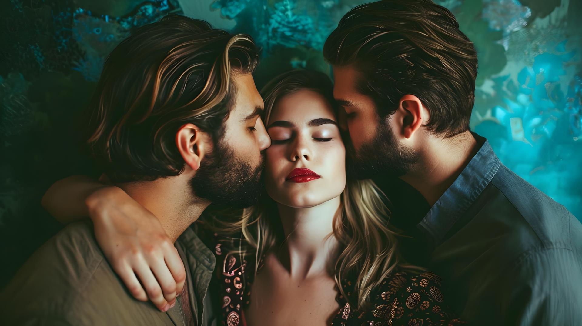 two men each kissing one side of a woman's face