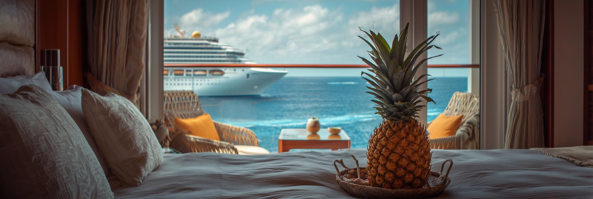 a beautiful view from a cruise ship cabin with a pineapple on the bed