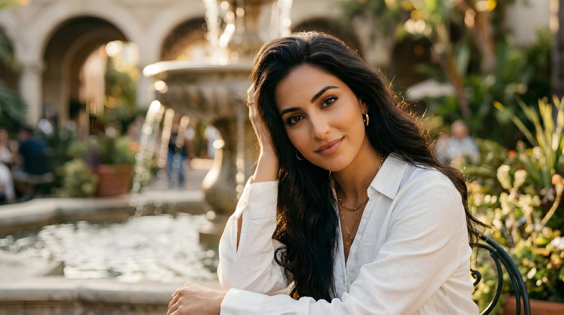 An brunette woman sitting outdoors with a public fountain in the background