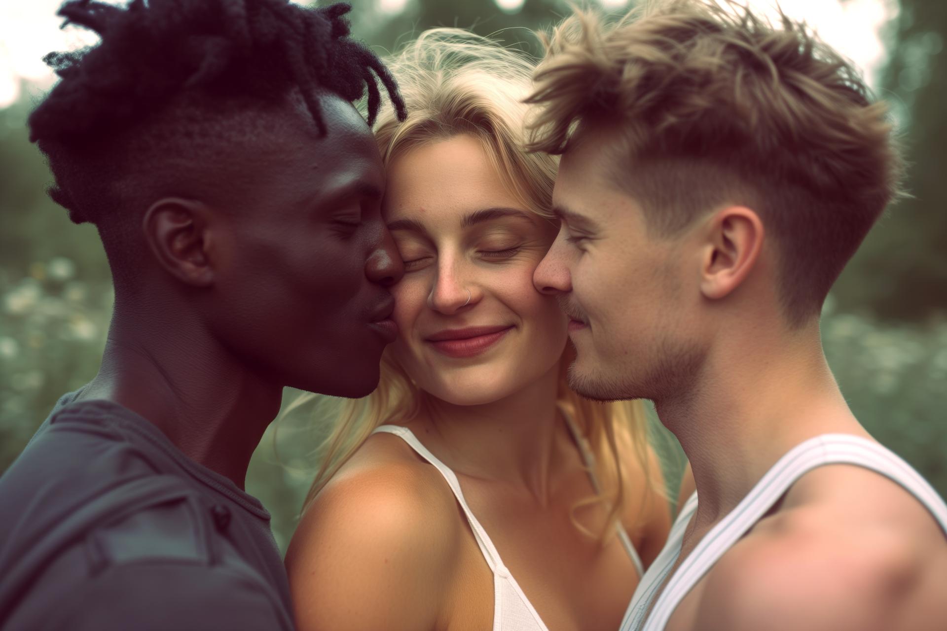 two men about to kiss each side of a blonde woman's face