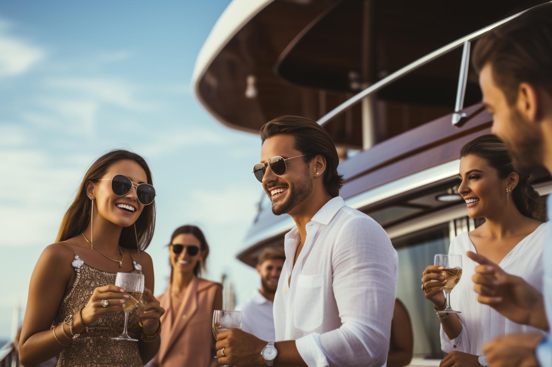 a group of men and women dressed in mostly white having drinks at an outdoor event