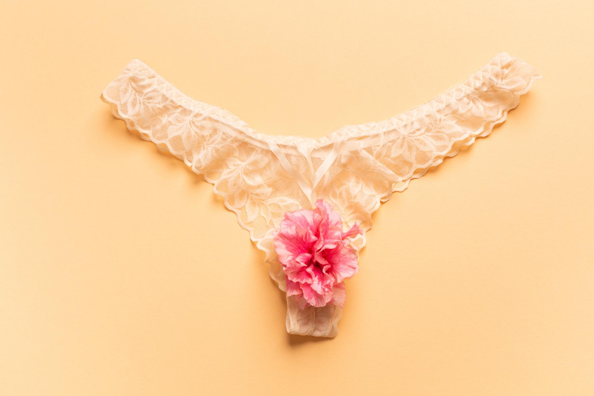 beige panties with a flower over the crotch
