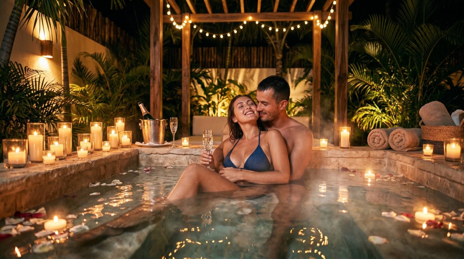 a couple embracing in a hot tub with lights and candles around them